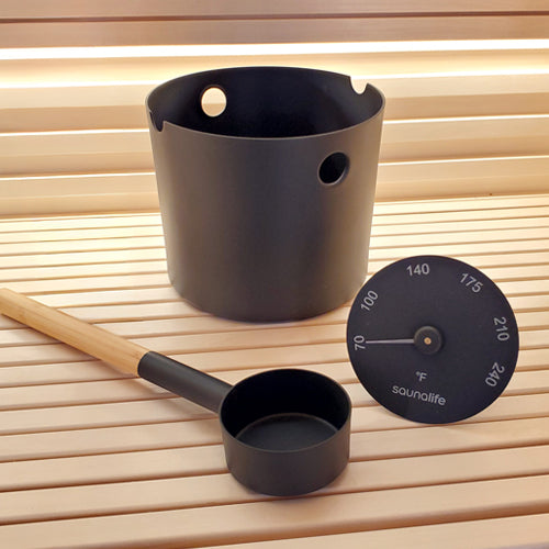 SaunaLife Aluminum 1-Gallon Sauna Bucket Set with Wood Ladle and Thermometer, Accessory Package 6