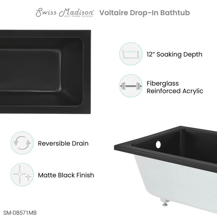 Swiss Madison Voltaire 48" x 32" Reversible Drain Drop-In Bathtub in Matte Black | SM-DB571MB