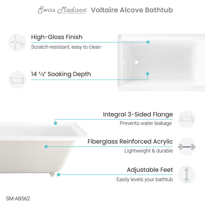 Swiss Madison Voltaire 54" x 30" Acrylic Glossy White, Alcove, Integral Left-Hand Drain, Bathtub | SM-AB562