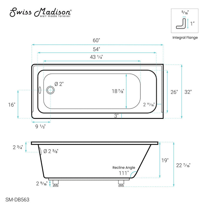 Swiss Madison Voltaire 60" x 32" Left-Hand Drain Alcove Bathtub | SM-DB563