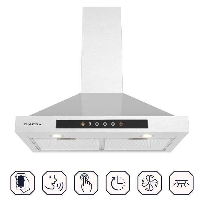 CIARRA 30" 450 CFM Wall Mount Convertible Smart Range Hood in Stainless Steel with Voice and Touch Controls