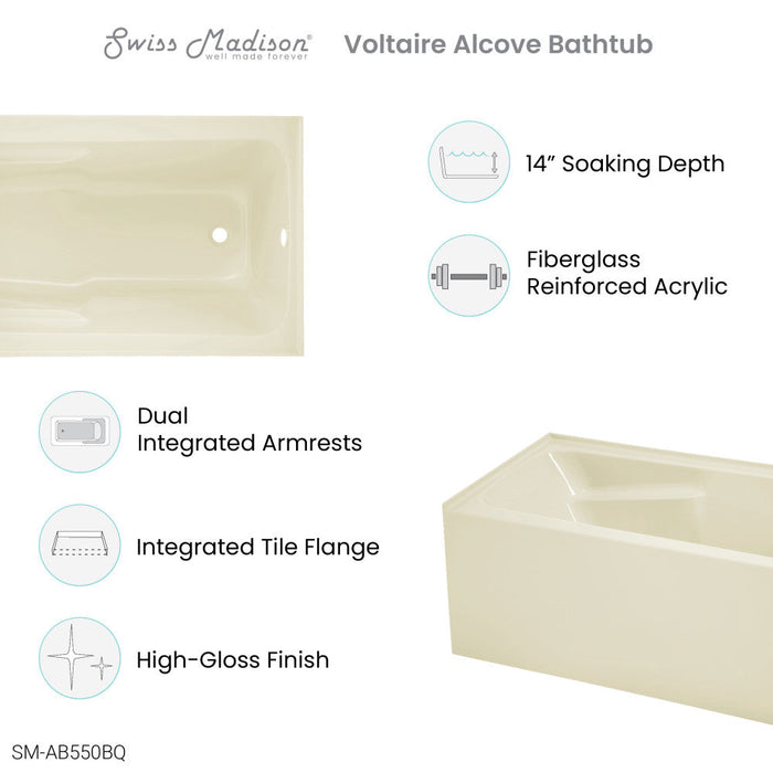 Swiss Madison Voltaire 54" x 30" Right-Hand Drain Alcove Bathtub with Apron in Bisque | SM-AB550BQ