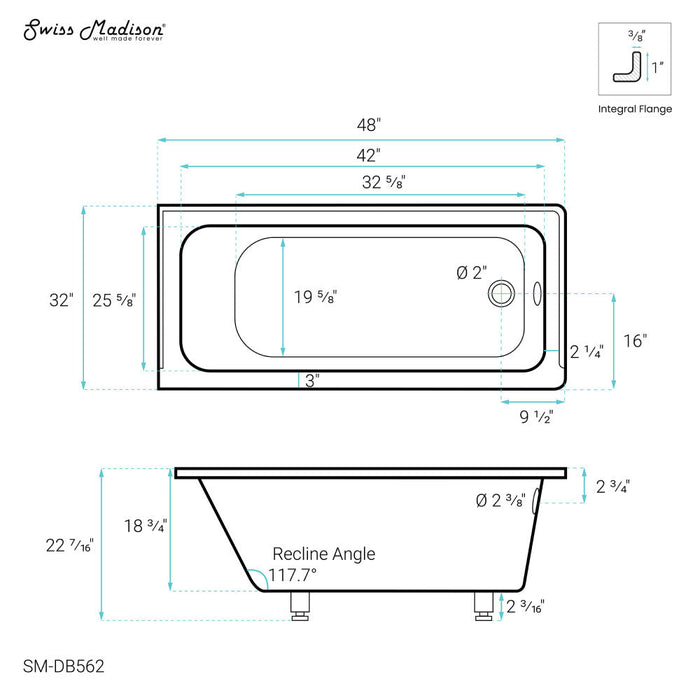 Swiss Madison Voltaire 48" x 32" Right-Hand Drain Alcove Bathtub | SM-DB562
