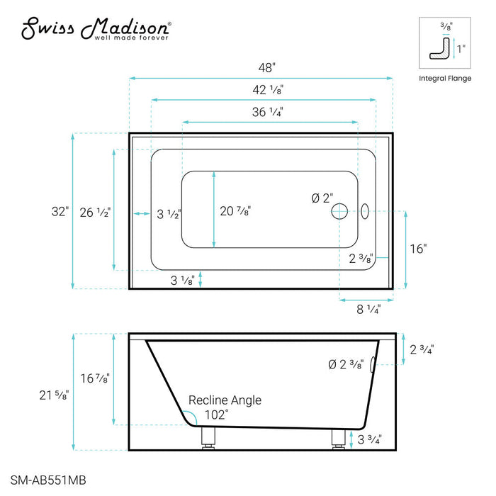 Swiss Madison Voltaire 48" x 32" Right-Hand Drain Alcove Bathtub with Apron in Matte Black | SM-AB551MB