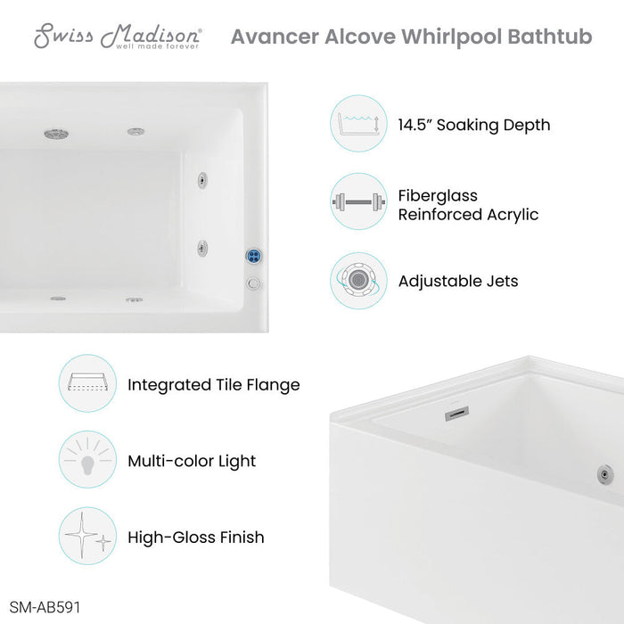 Swiss Madison Avancer 60" x 36" Right-Hand Drain Rectangular Alcove Whirlpool Bathtub with Apron | SM-AB591