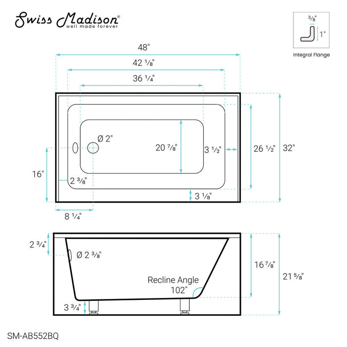 Swiss Madison Voltaire 48" x 32" Left-Hand Drain Alcove Bathtub with Apron in Bisque | SM-AB552BQ