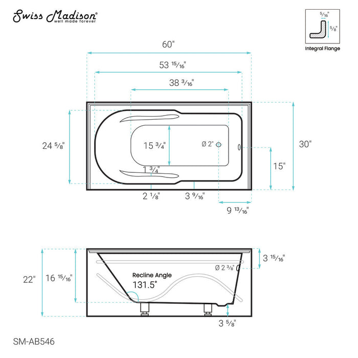 Swiss Madison Ivy 60" x 30" Right-Hand Drain Alcove Bathtub with Apron | SM-AB546