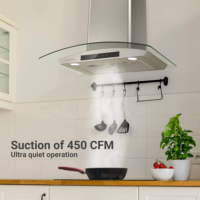 CIARRA 30" 450 CFM Wall Mount Convertible Range Hood in Stainless Steel with Touch Controls and LED Lights