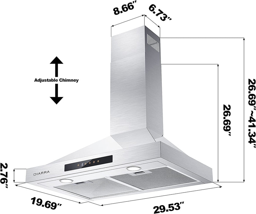 CIARRA 30" 450 CFM Wall Mount Convertible Range Hood in Stainless Steel with Voice and Touch Controls