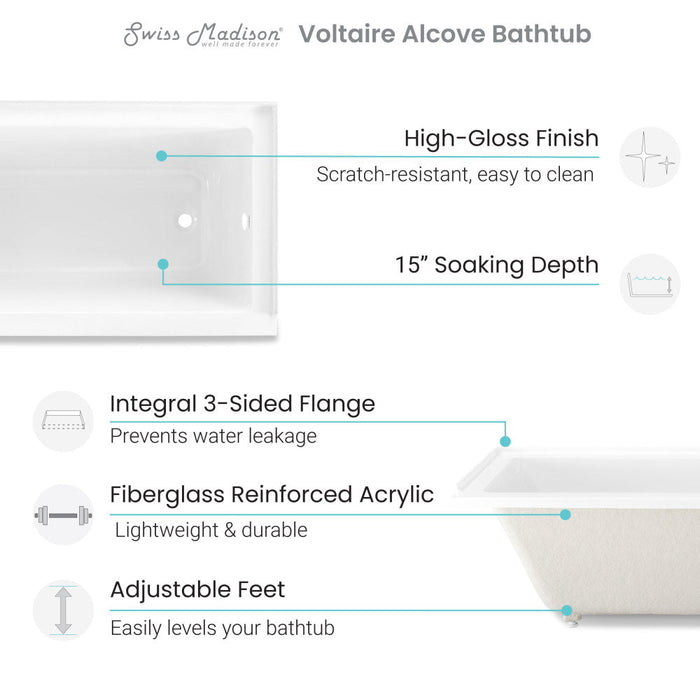 Swiss Madison Voltaire 66" x 32" Right-Hand Drain Alcove Bathtub | SM-DB566