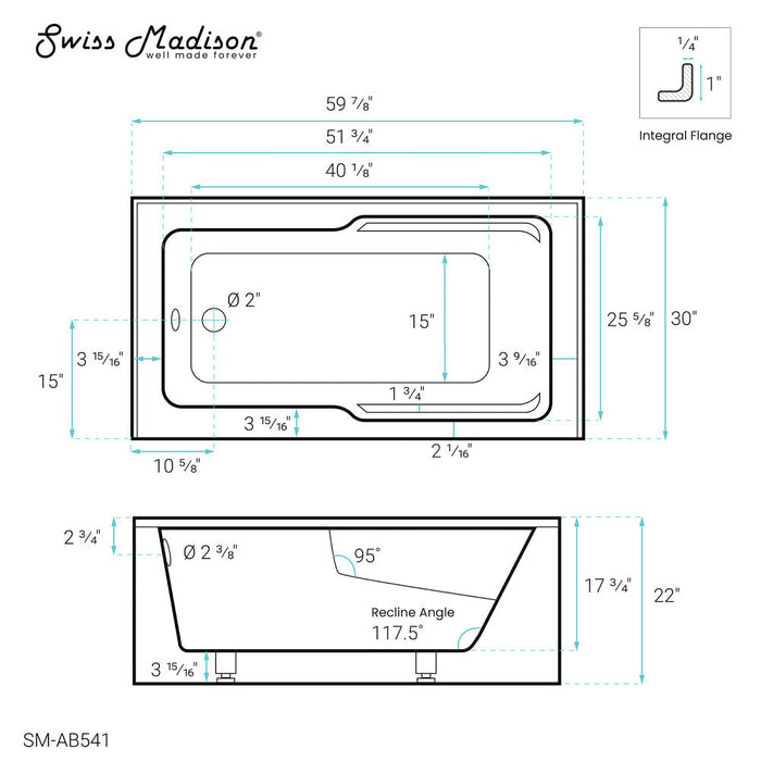 Swiss Madison Voltaire 60" x 30" Left-Hand Drain Alcove Bathtub with Apron and Armrest | SM-AB541
