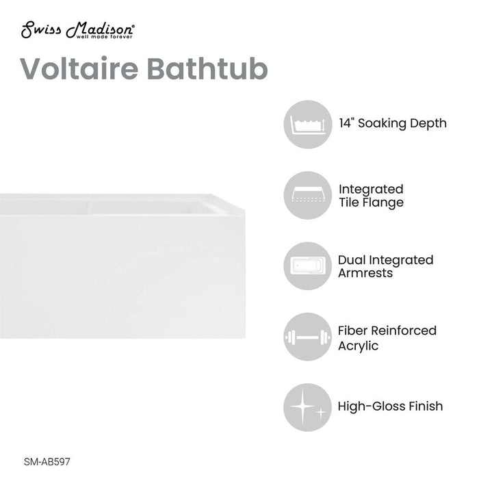 Swiss Madison Voltaire 48" x 30" Right-Hand Drain Alcove Integrated Armrest Bathtub with Apron | SM-AB597