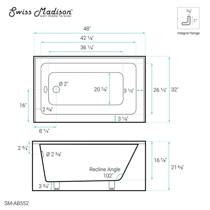 Swiss Madison Voltaire 48" x 32" Left-Hand Drain Alcove Bathtub with Apron | SM-AB552