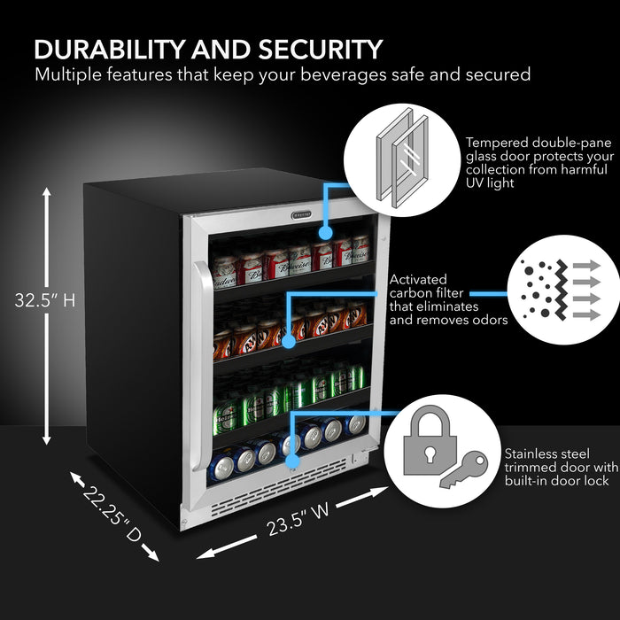 Whynter 24 inch Built-In 140 Can Undercounter Stainless Steel Beverage Refrigerator cooler with Reversible Door, Digital Control, Lock and Carbon Filter | BBR-148SB