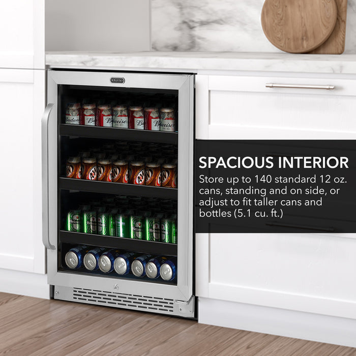 Whynter 24 inch Built-In 140 Can Undercounter Stainless Steel Beverage Refrigerator cooler with Reversible Door, Digital Control, Lock and Carbon Filter | BBR-148SB