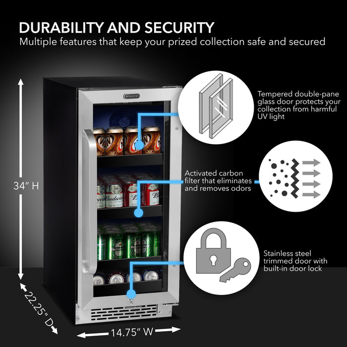 Whynter 15 inch Built-In 80 Can Undercounter Stainless Steel Beverage Refrigerator cooler with Reversible Door, Digital Control, Lock and Carbon Filter | BBR-838SB