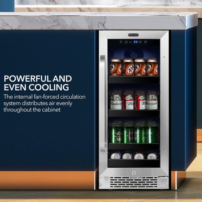 Whynter 15 inch Built-In 80 Can Undercounter Stainless Steel Beverage Refrigerator cooler with Reversible Door, Digital Control, Lock and Carbon Filter | BBR-838SB