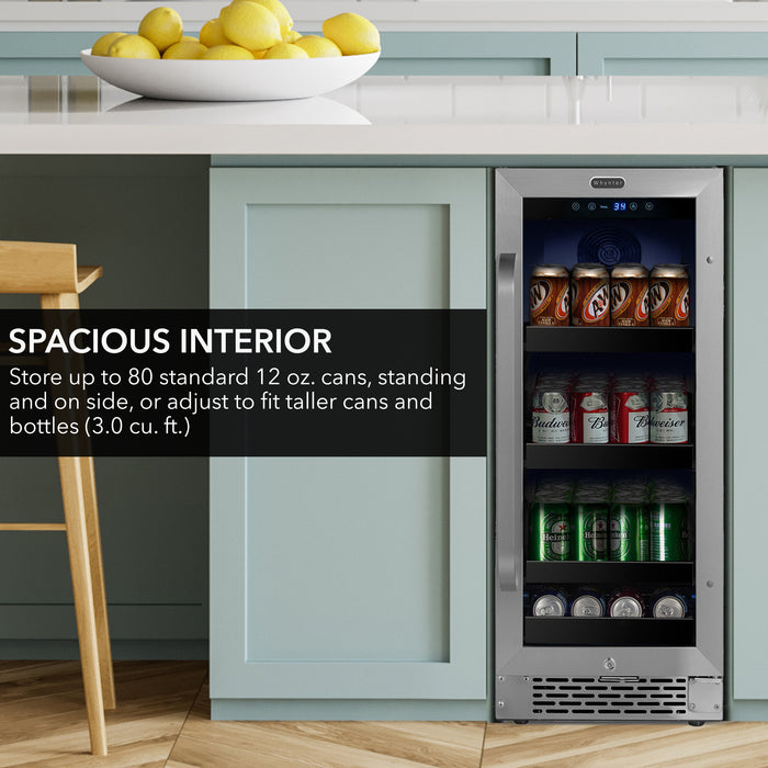 Whynter 15 inch Built-In 80 Can Undercounter Stainless Steel Beverage Refrigerator cooler with Reversible Door, Digital Control, Lock and Carbon Filter | BBR-838SB