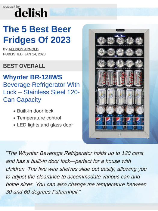 Whynter 120 Can Freestanding Beverage Refrigerator cooler with Lock Stainless Steel | BR-128WS