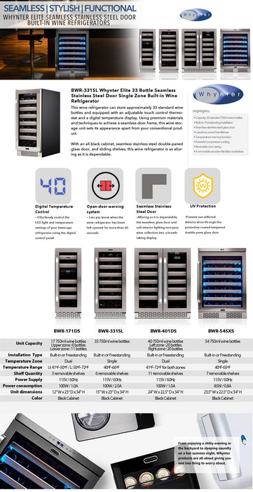 Whynter Elite 33 Bottle Seamless Stainless Steel Door Single Zone Built-in Wine Refrigerator | BWR-331SL