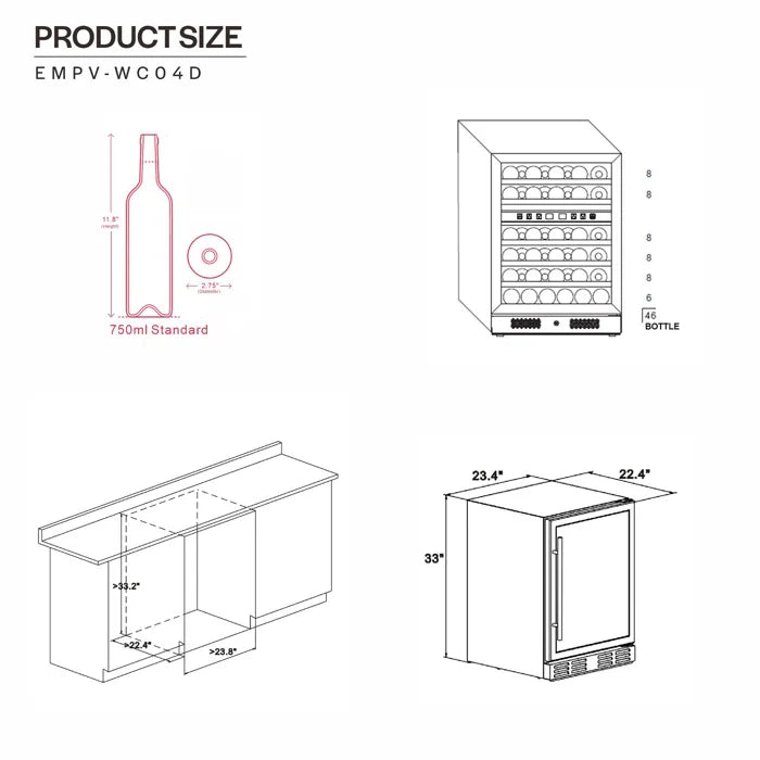 Empava 24 in. 46 Bottle Dual Zone Wine Cooler Beverage Fridge | EMPV-WC04D