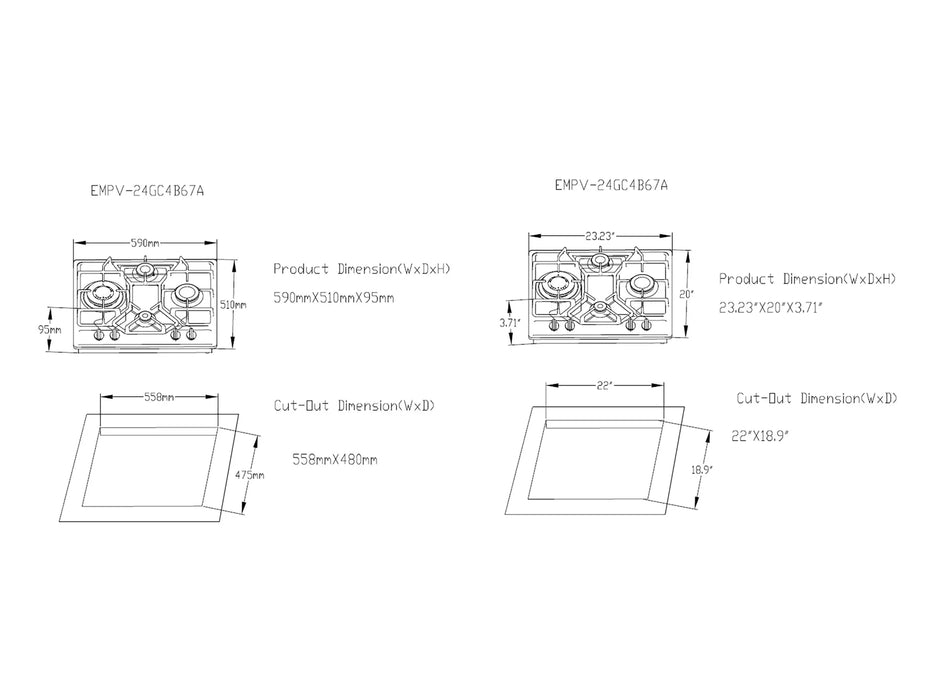 Empava 24 in. Built-in Gas Cooktops with 4 Burners | EMPV-24GC4B67A