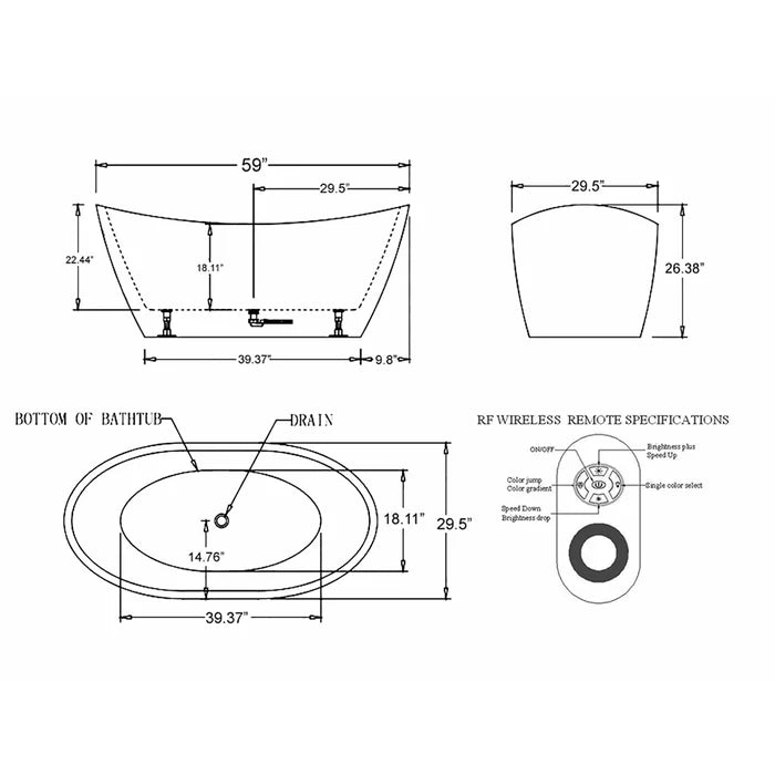 Empava 59 in. Freestanding Soaking Bathtub with LED Lights | EMPV-59FT1518LED