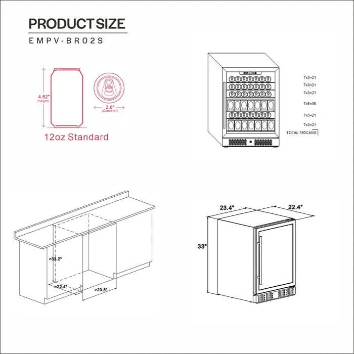Empava 24 in. 140 Can Freestanding & Under the Counter Beverage Fridge | EMPV-BR02S