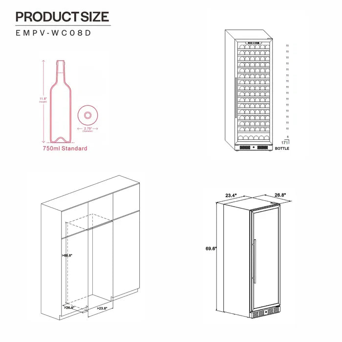 Empava 24 in. 160 Bottle Dual Zone Wine Cooler 70" Tall Wine Fridge | EMPV-WC08D