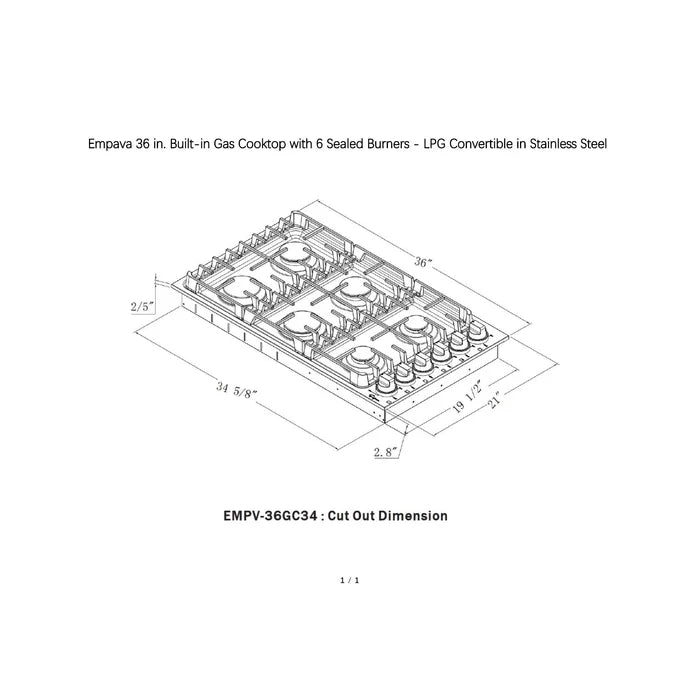 Empava 36 in. Built-in Stainless Steel Gas Cooktop with 6 Burners | EMPV-36GC34
