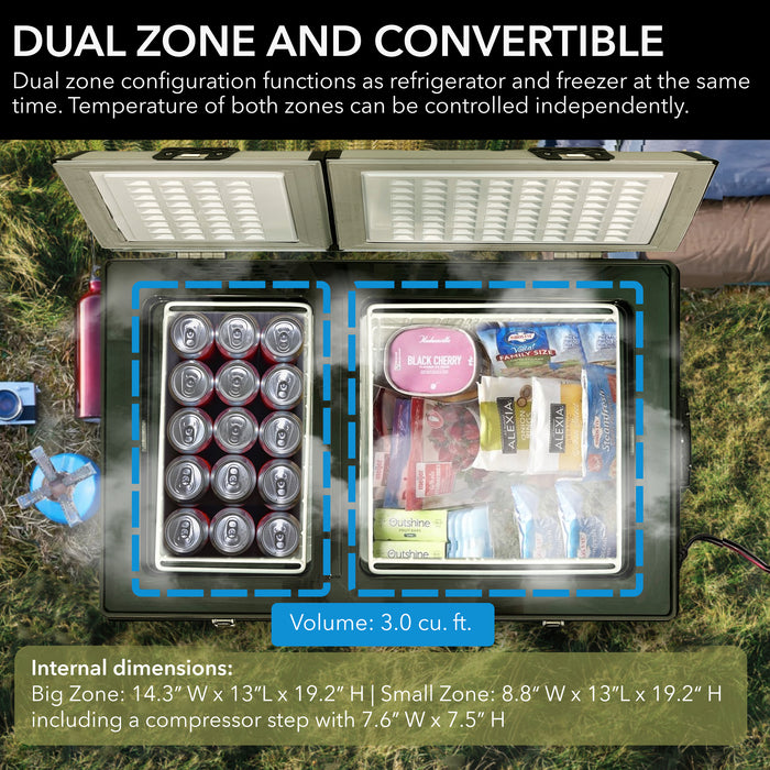 Whynter 90 Quart Dual Zone Portable Fridge/ Freezer with 12v Option and Wheels | FM-901DZ