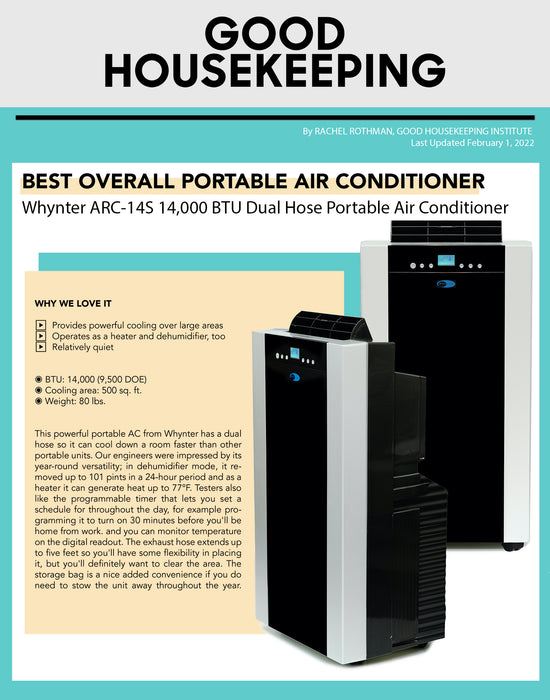 Whynter 14,000 (9,500 BTU SACC) BTU Dual Hose Cooling Portable Air Conditioner, Dehumidifier, and Fan with Activated Carbon Filter plus Storage bag, up to 500 sq ft in Platinum/Black | ARC-14S