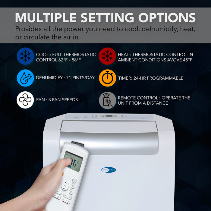 Whynter 14,000 BTU (10,000 BTU SACC) Portable Air Conditioner, Heater, Dehumidifier, and Fan with Activated Carbon and SilverShield Filter plus Drain Pump, up to 500 sq ft in White | ARC-148MHP
