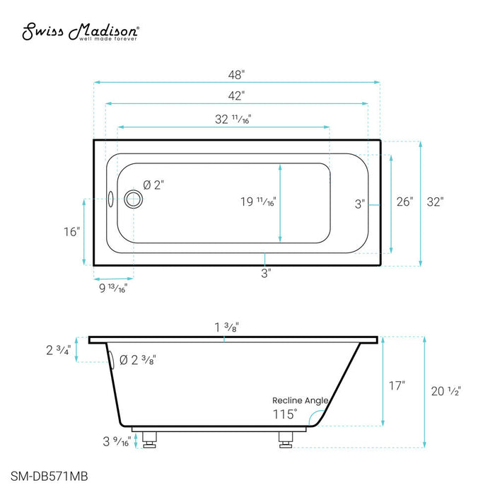 Swiss Madison Voltaire 48" x 32" Reversible Drain Drop-In Bathtub in Matte Black | SM-DB571MB