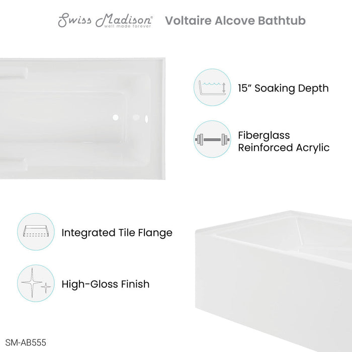 Swiss Madison Voltaire 72" x 36" Right-Hand Drain Alcove Bathtub with Apron and Armrest | SM-AB555