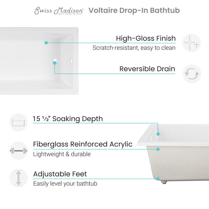 Swiss Madison Voltaire 60" x 36" Reversible Drain Drop-In Bathtub | SM-DB570