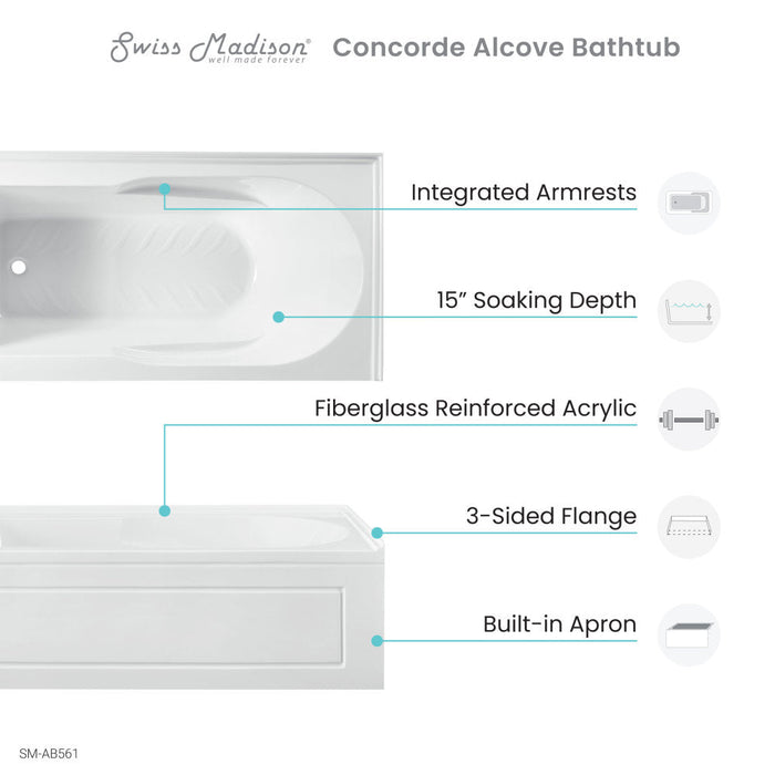Swiss Madison Concorde 60" x 32" Acrylic Glossy White, Alcove, Integral, Left-Hand Drain, Apron Bathtub | SM-AB561