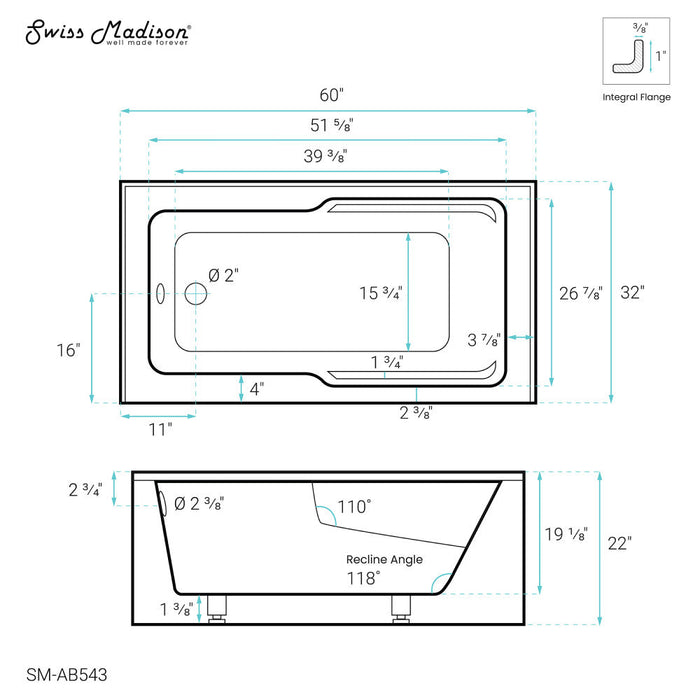 Swiss Madison Voltaire 60" x 32" Left-Hand Drain Alcove Bathtub with Apron and Armrest | SM-AB543