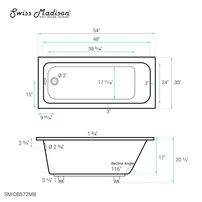 Swiss Madison Voltaire 54" x 30" Reversible Drain Drop-In Bathtub in Matte Black | SM-DB572MB