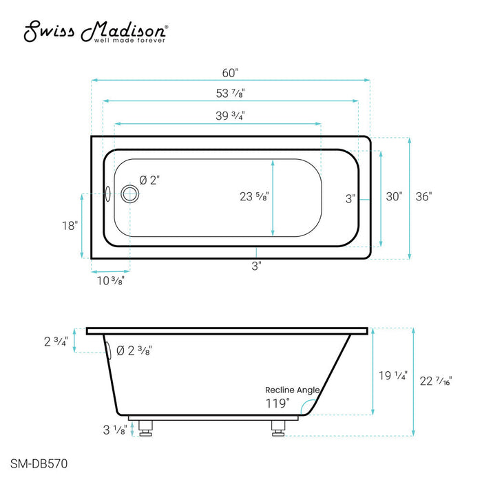 Swiss Madison Voltaire 60" x 36" Reversible Drain Drop-In Bathtub | SM-DB570