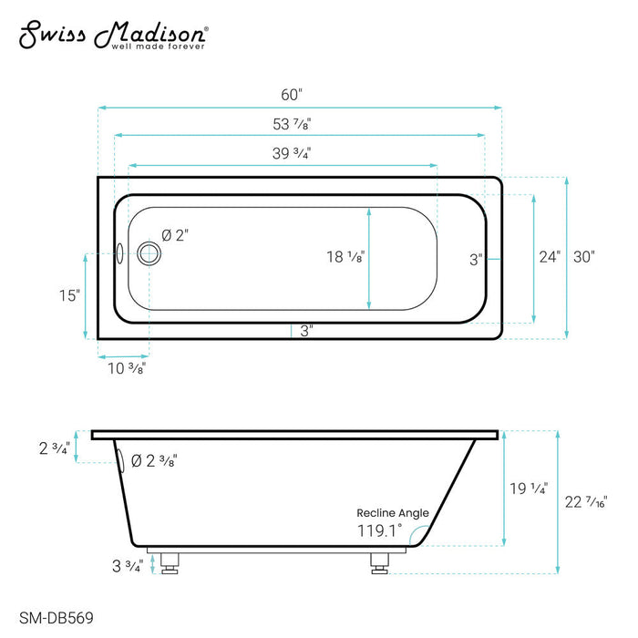 Swiss Madison Voltaire 60" x 30" Reversible Drain Drop-In Bathtub | SM-DB569