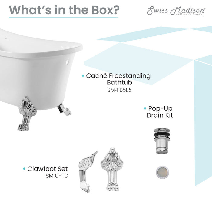 Swiss Madison Cache Single Slipper, Clawfoot Soaking Acrylic Bathtub, Chrome Clawfoot | SM-FB585CC