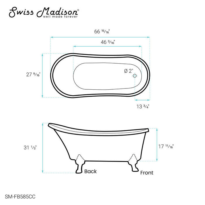 Swiss Madison Cache Single Slipper, Clawfoot Soaking Acrylic Bathtub, Chrome Clawfoot | SM-FB585CC