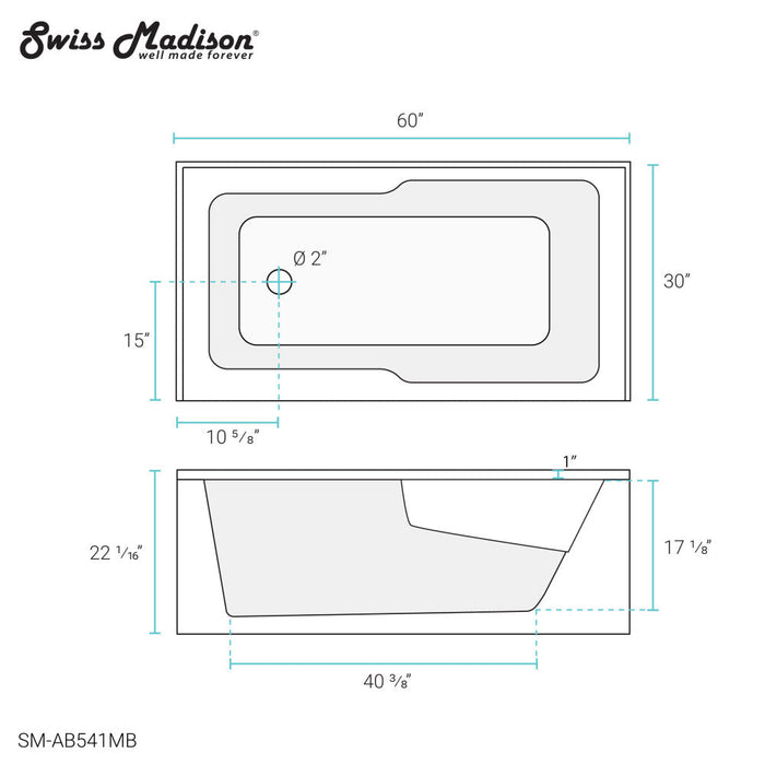 Swiss Madison Voltaire 60" x 30" Left-Hand Drain Alcove Bathtub with Apron in Matte Black | SM-AB541MB